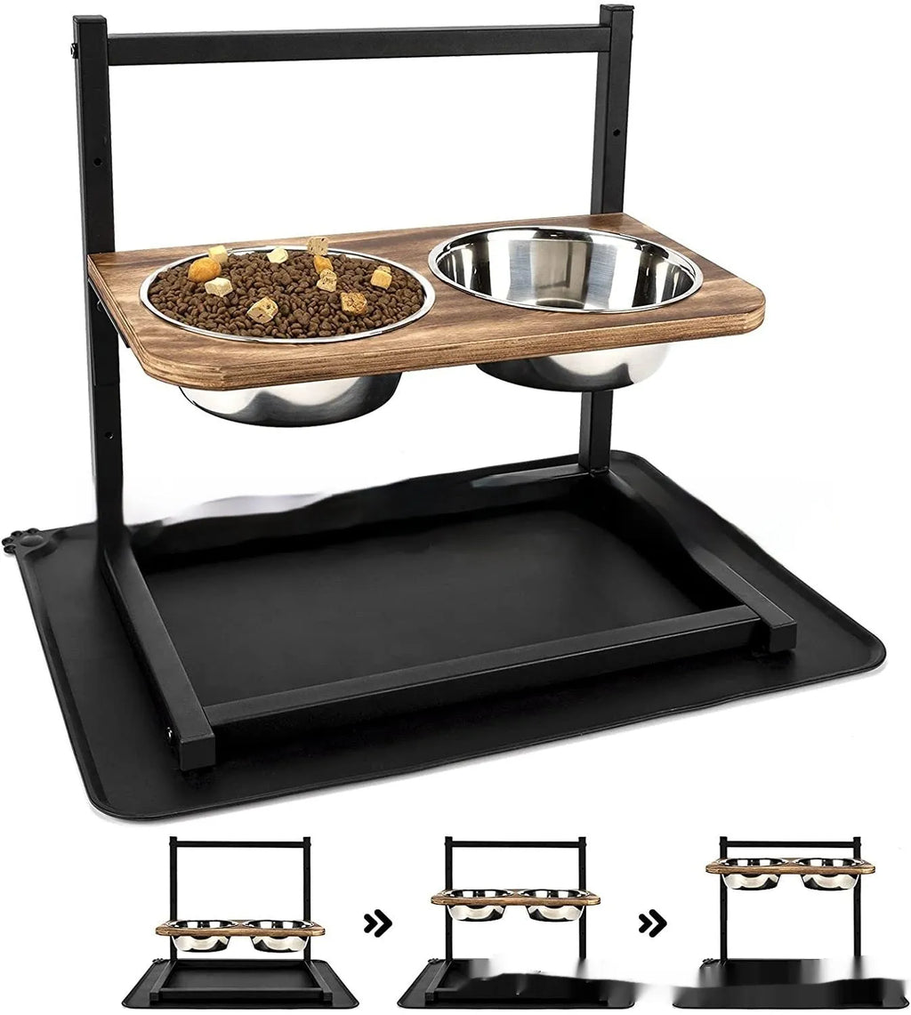 Black iron raised dog food and water bowl stand with separate cushions
