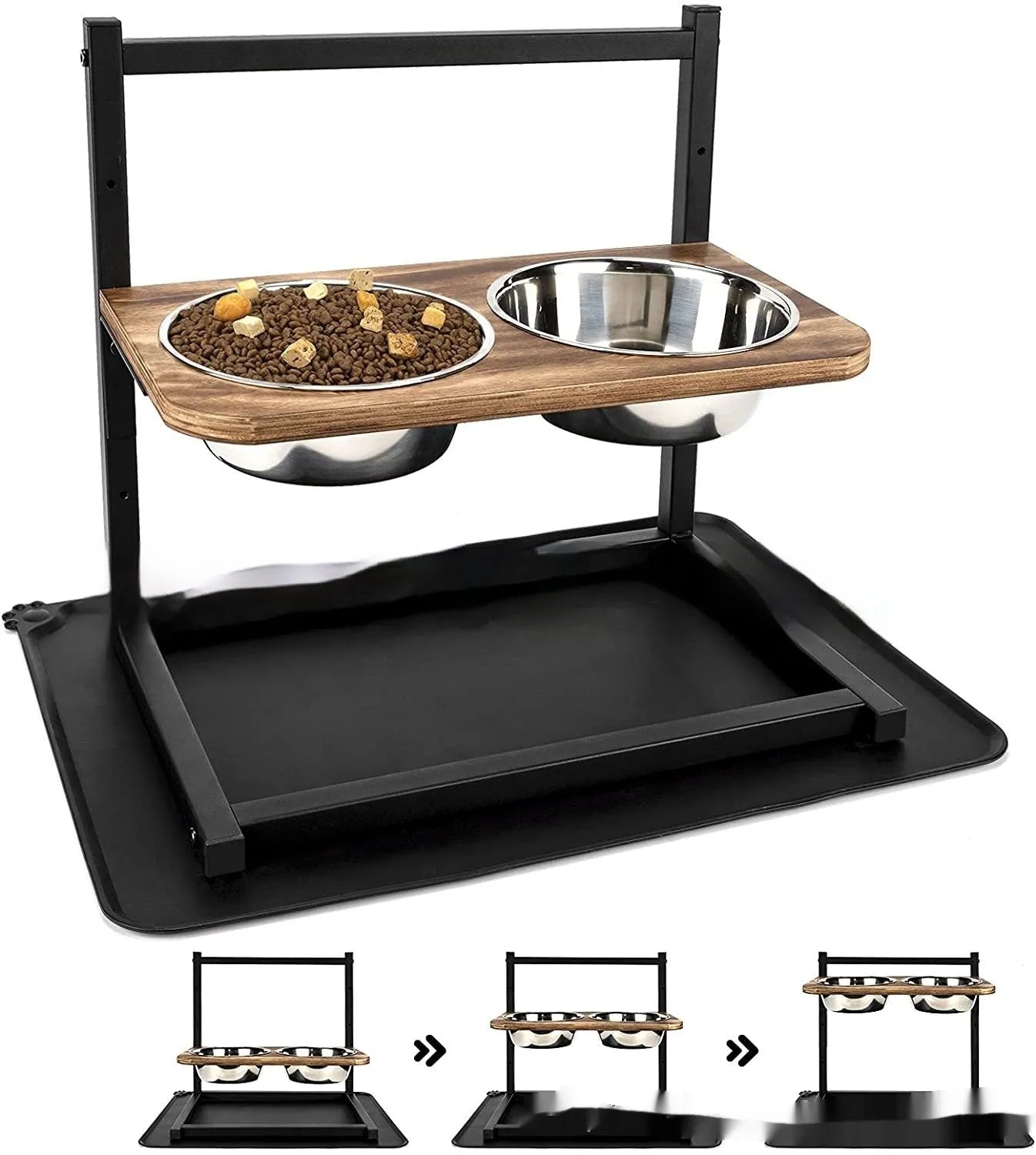 Black iron raised dog food and water bowl stand with separate cushions
