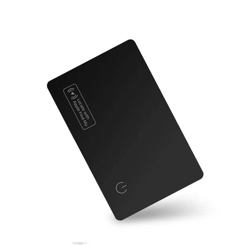Black ultra-thin anti-loss tracking card for Apple devices with wireless charging, shown next to a credit card for size comparison.