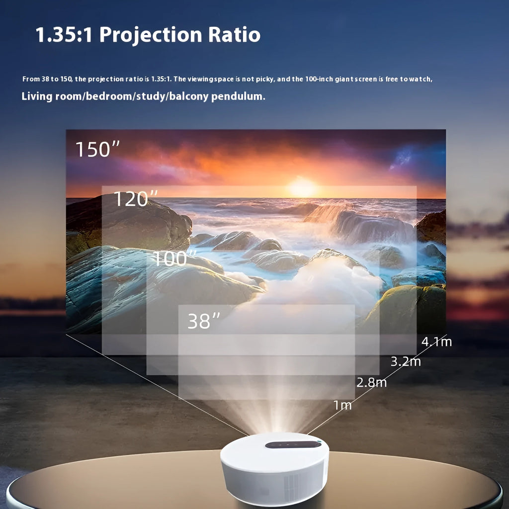 White HD home theatre projector with remote control on a stand, showing 720p resolution and 200LM brightness specifications.