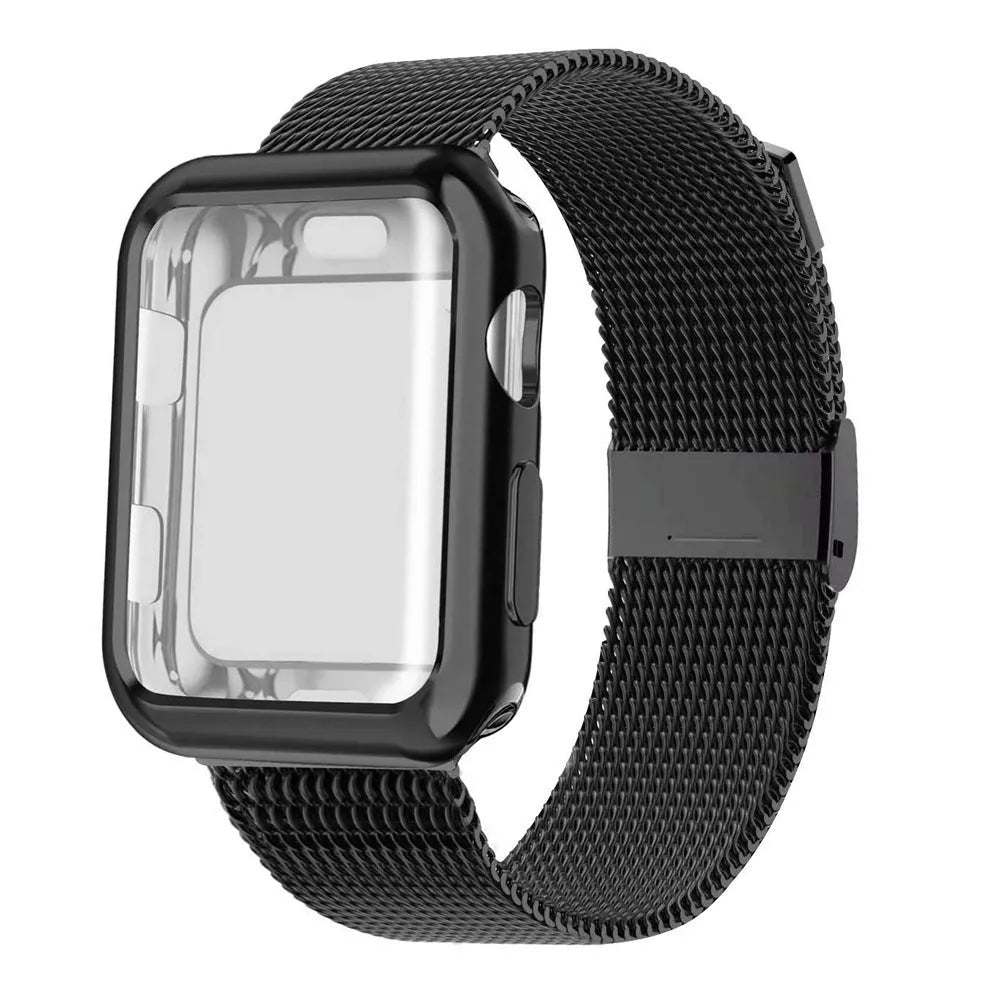 Magnetic Milanese metal loop band for Apple Watch in silver, shown attached to a watch.