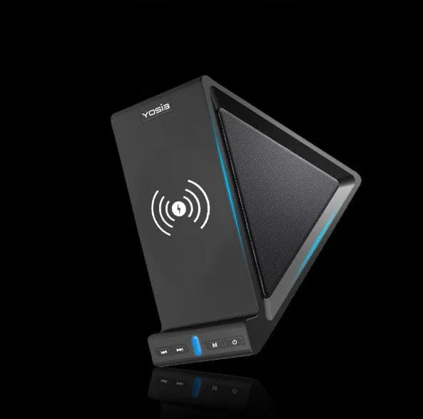 Black multifunctional Bluetooth speaker and power bank unit with integrated mobile phone stand.