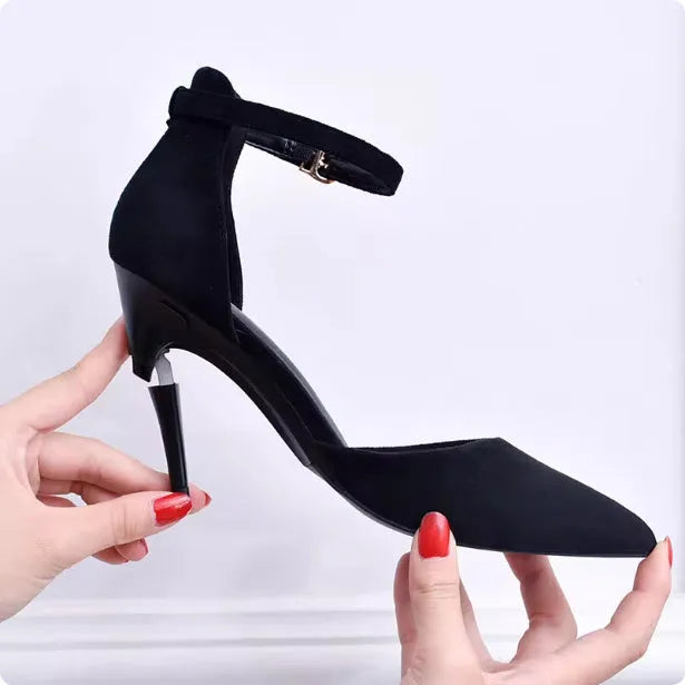 Foldable black PU driving shoes with rubber sole and buckle fastening for women