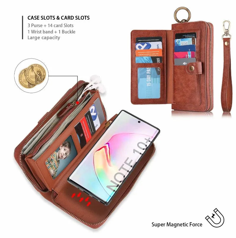 Black PU leather mobile phone case with a zip-around wallet compartment open, showing card slots.