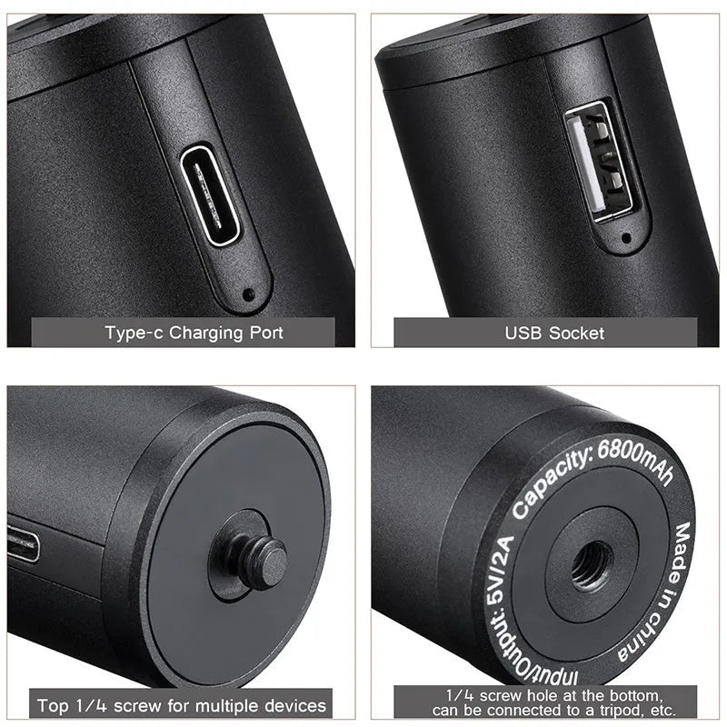 Black aluminium alloy power bank handle with 6800mAh capacity for mobile charging