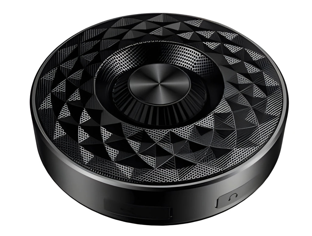 Square black Bluetooth portable speaker with microphone for wireless audio and calls
