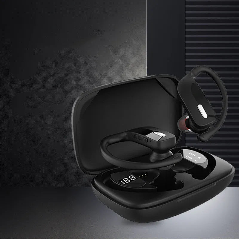 Black wireless Bluetooth headset with over-ear design and a small LED digital display on the side.