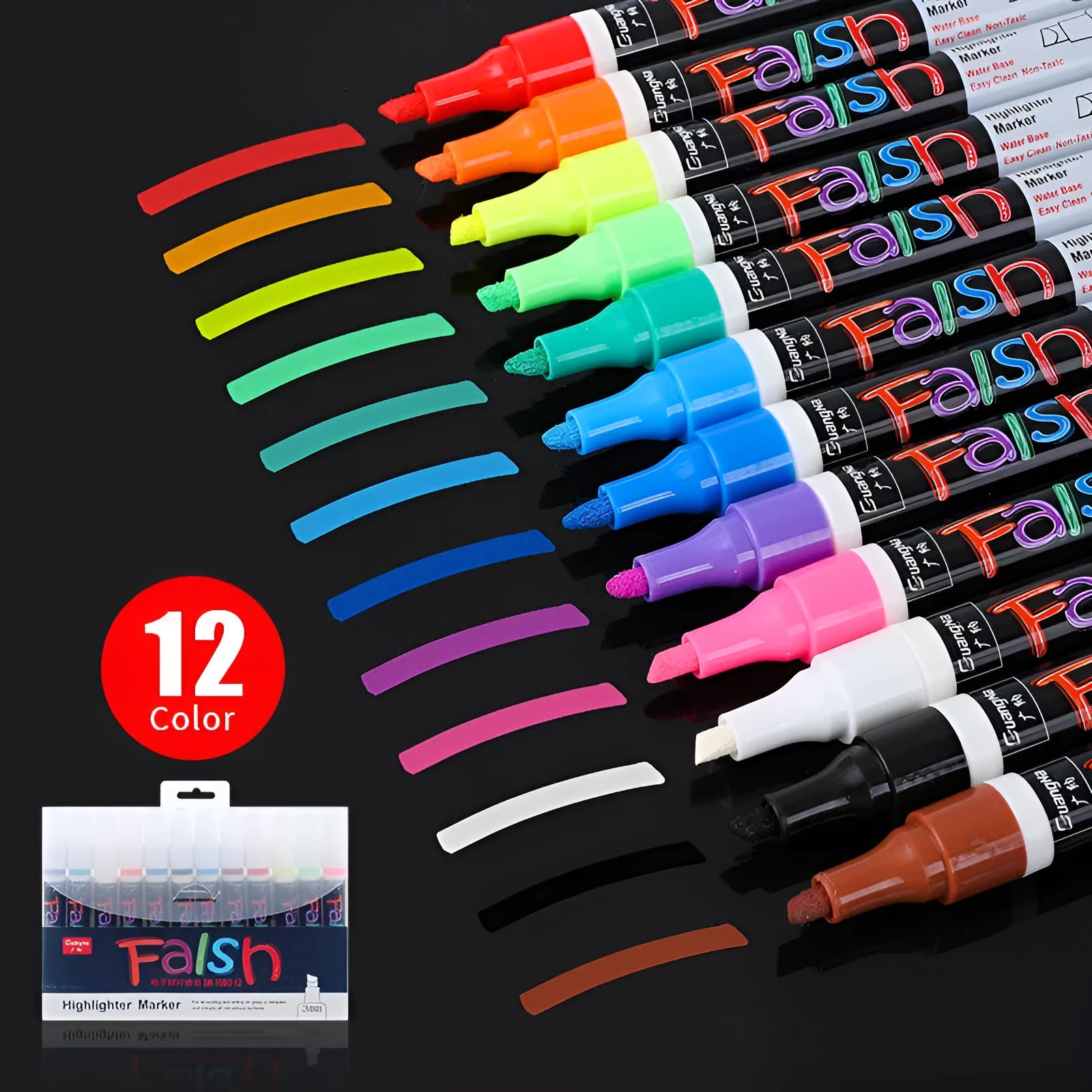 Electronic fluorescent plate highlighter with plastic shell and 6mm oblique tip, shown with 8 colour refills.