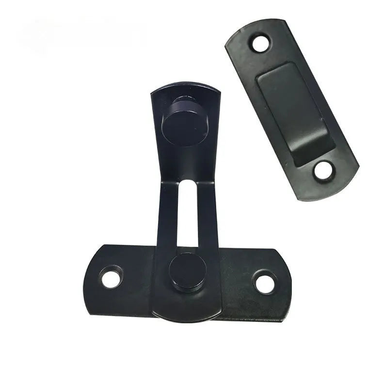 90-degree black carbon steel and stainless steel sliding door hasp lock for barns and warehouses.