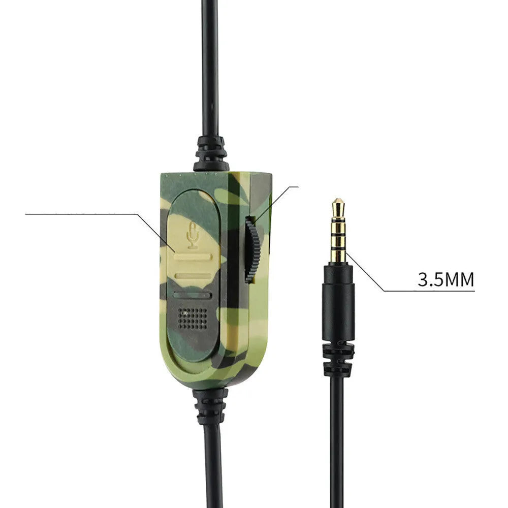 Army green camouflage wired gaming headset with over-ear design and built-in microphone