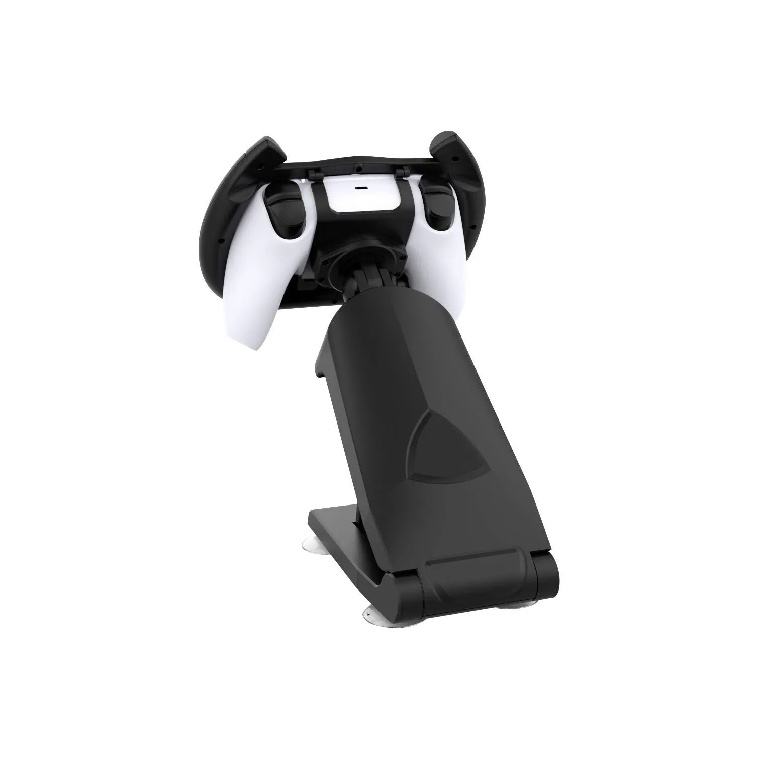 Black ABS plastic universal gamepad steering wheel bracket with a suction cup for mobile phones.