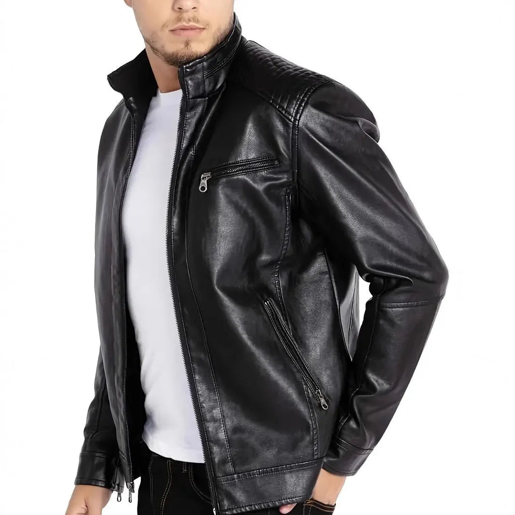 Men's punk style artificial leather motorcycle jacket with stand collar in Army Green colour