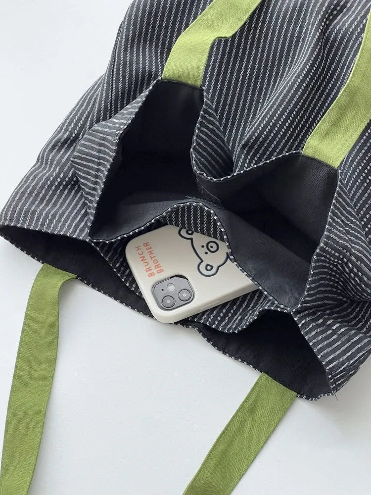 Canvas tote shoulder bag in plaid or striped pattern with 24cm strap