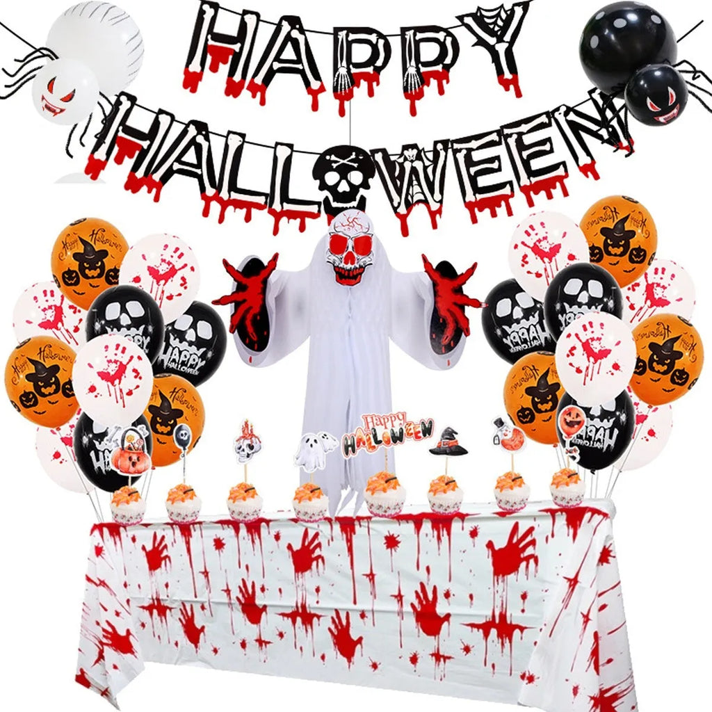 Halloween latex balloon combo with skull, pumpkin and spider web designs in white and black colours