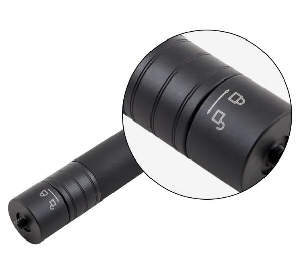 Black retractable aluminium selfie stick with foam grip, shown extended and collapsed.