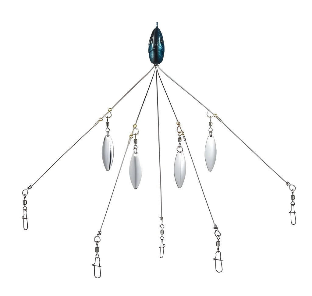Bassdash umbrella fishing lure rig with 5 swivels and rotating metal sequins