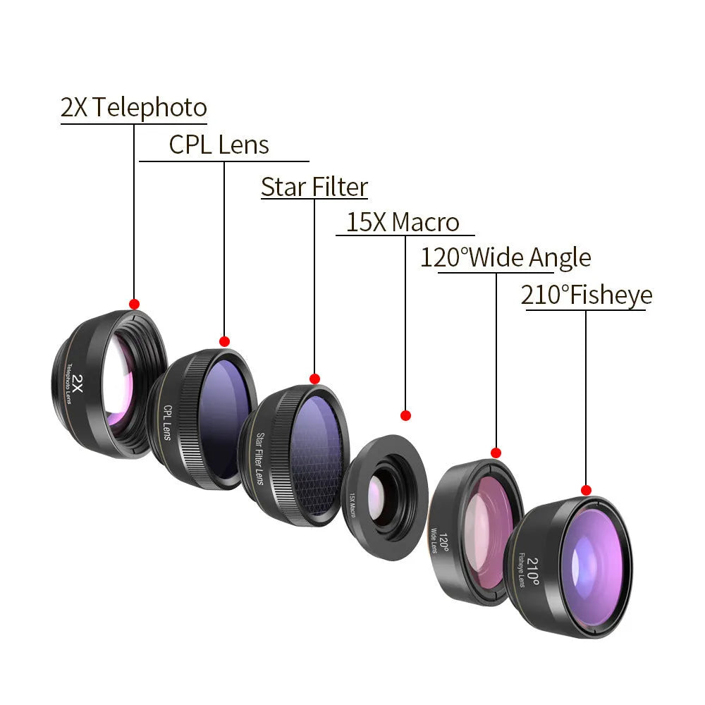 Black 6-in-1 smartphone camera lens kit with fisheye, macro, wide-angle, telephoto, CPL and star filter lenses on universal clip.
