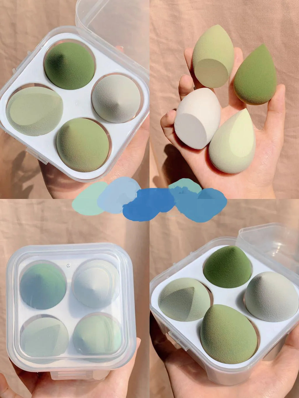 Set of four 6cm makeup blending sponge eggs in grape, mango, mint, and peach peach colours