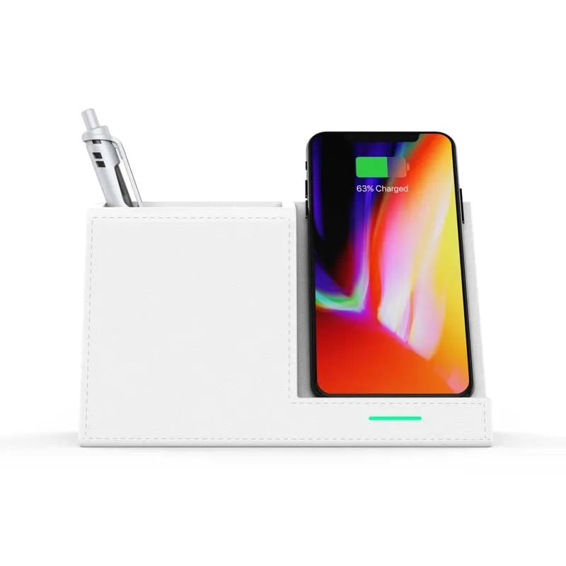Black leather wireless charging station with pen holder compartment and phone charging surface