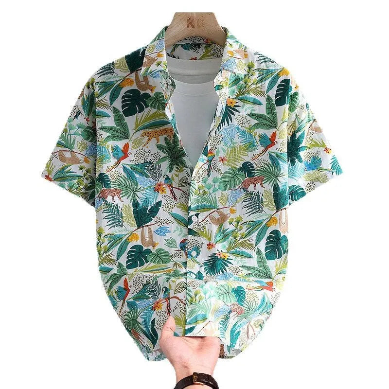 Men's floral printed cotton Hawaiian shirt in a casual cardigan style on a hanger.