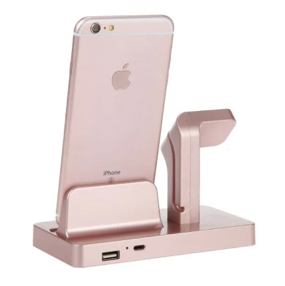 White 2-in-1 charging dock station holding an iPhone and an Apple Watch on a desk.