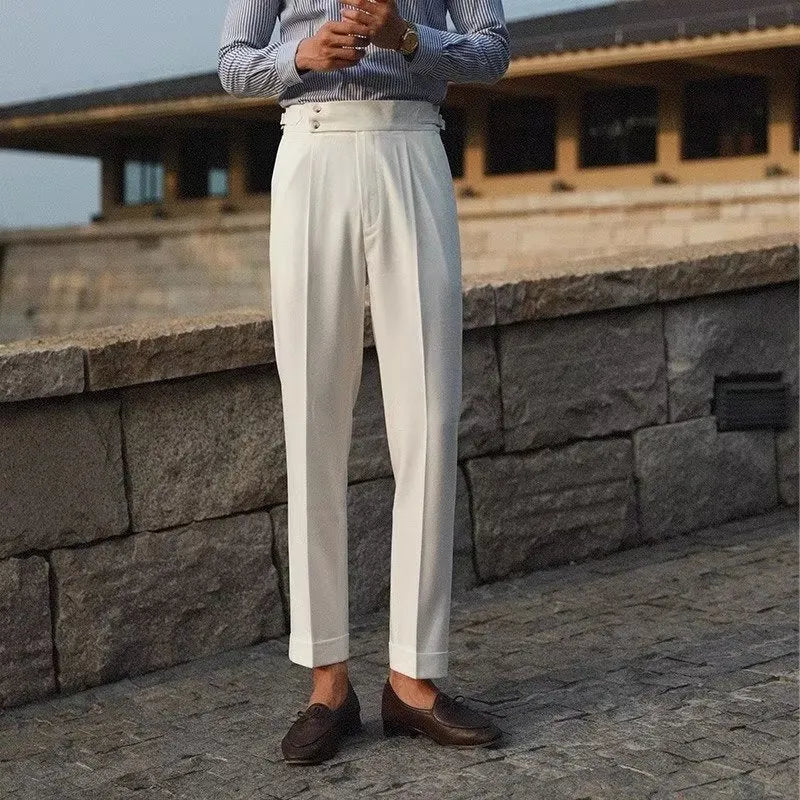 Men's slim fit straight leg suit trousers in black, white, or apricot colours