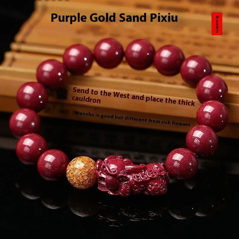 Polished cinnabar bracelet with purple gold sandstone beads and totem design in three size options