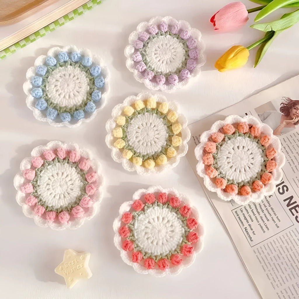 Handmade crochet woven flower coaster in cotton and linen yarn with floral design