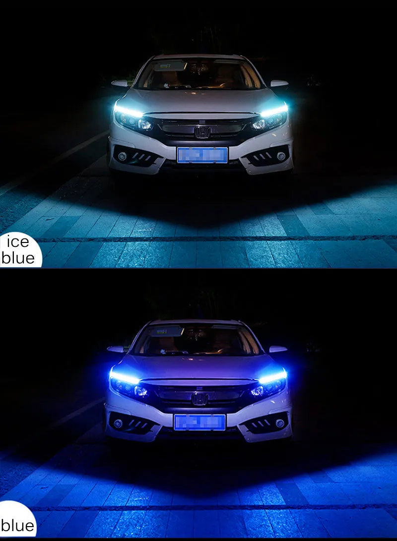 Silicone waterproof car LED strip for daytime running lights and flowing turn signals, showing wire connections.