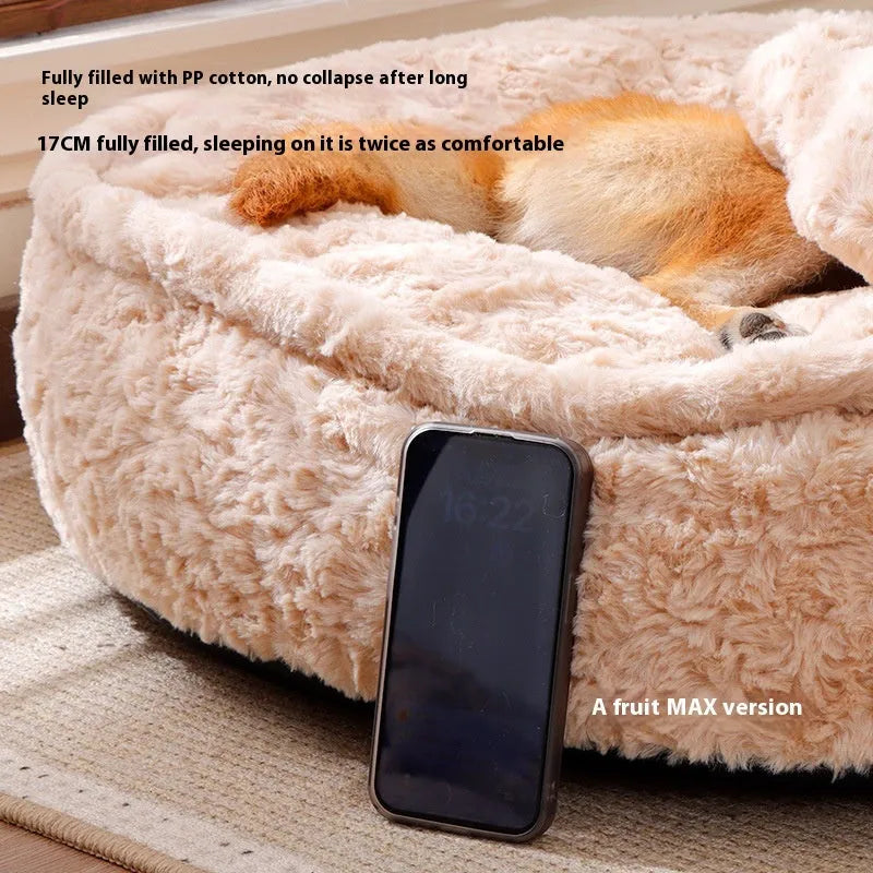Round nest style pet bed in milk tea colour with removable washable cloth cover