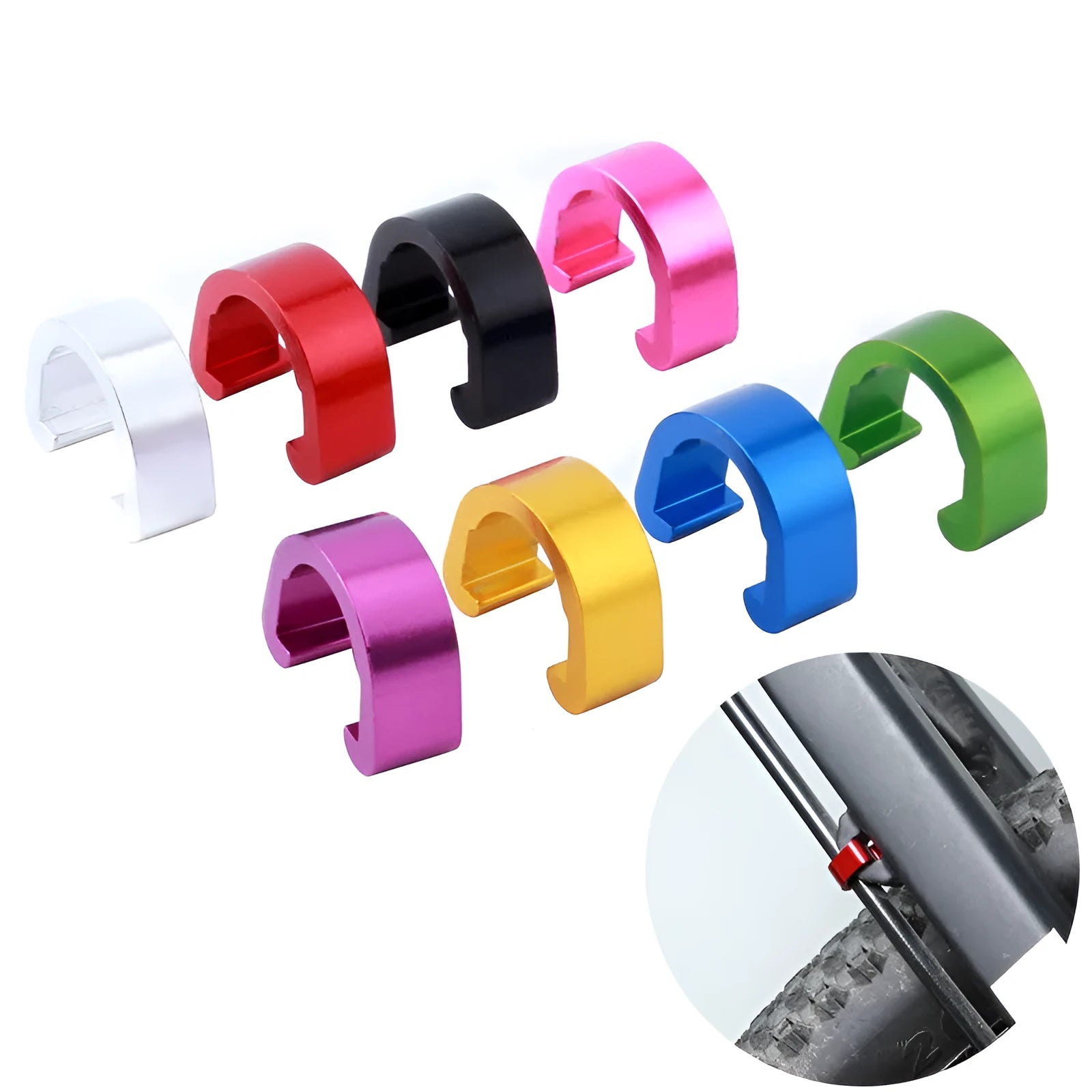 Pack of ten small aluminium alloy C buckles in various colours on a white background.