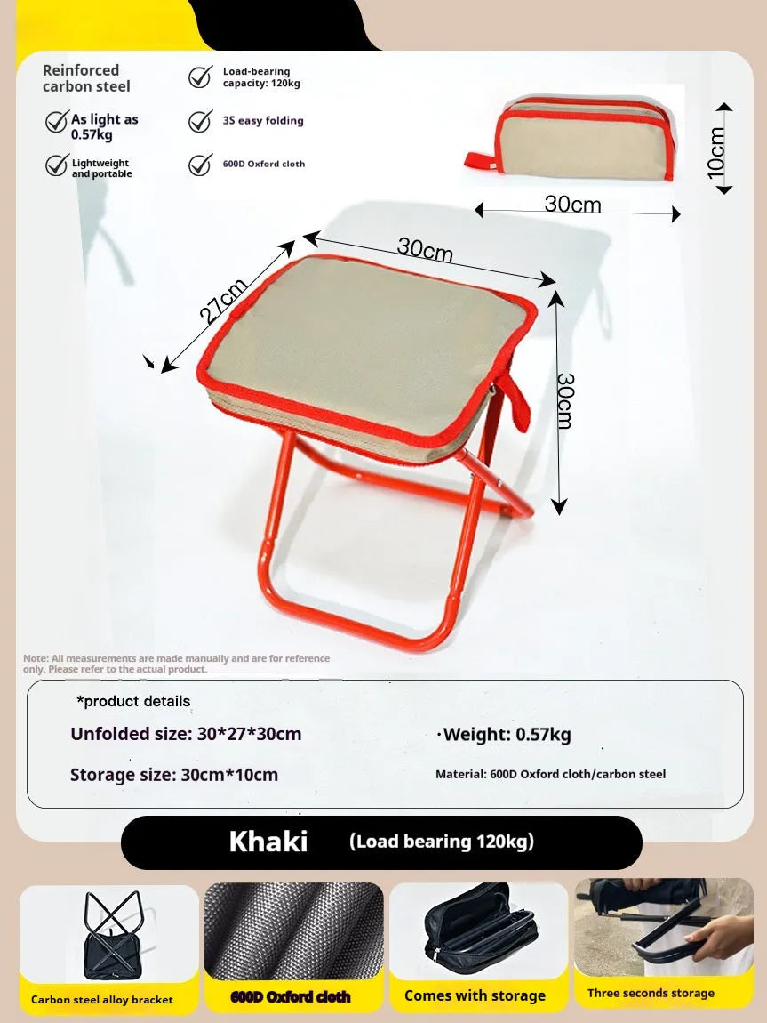 Lightweight foldable camping stool in Oxford cloth shown in a khaki colour, folded to a slim profile.