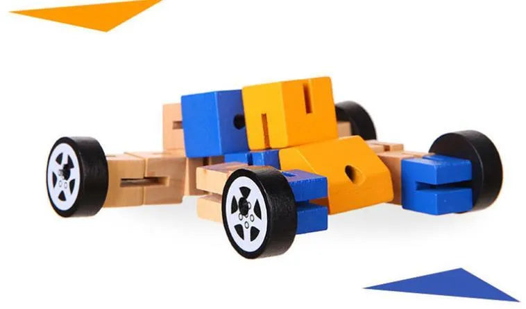 Wooden robot 3D puzzle pieces in blue, green, orange red, and red colours on a table