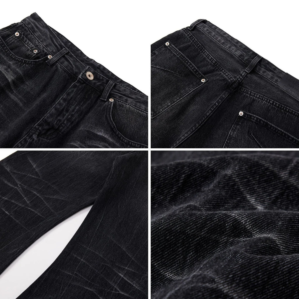 Black straight-leg men's jeans with American washed lightning crack texture detail