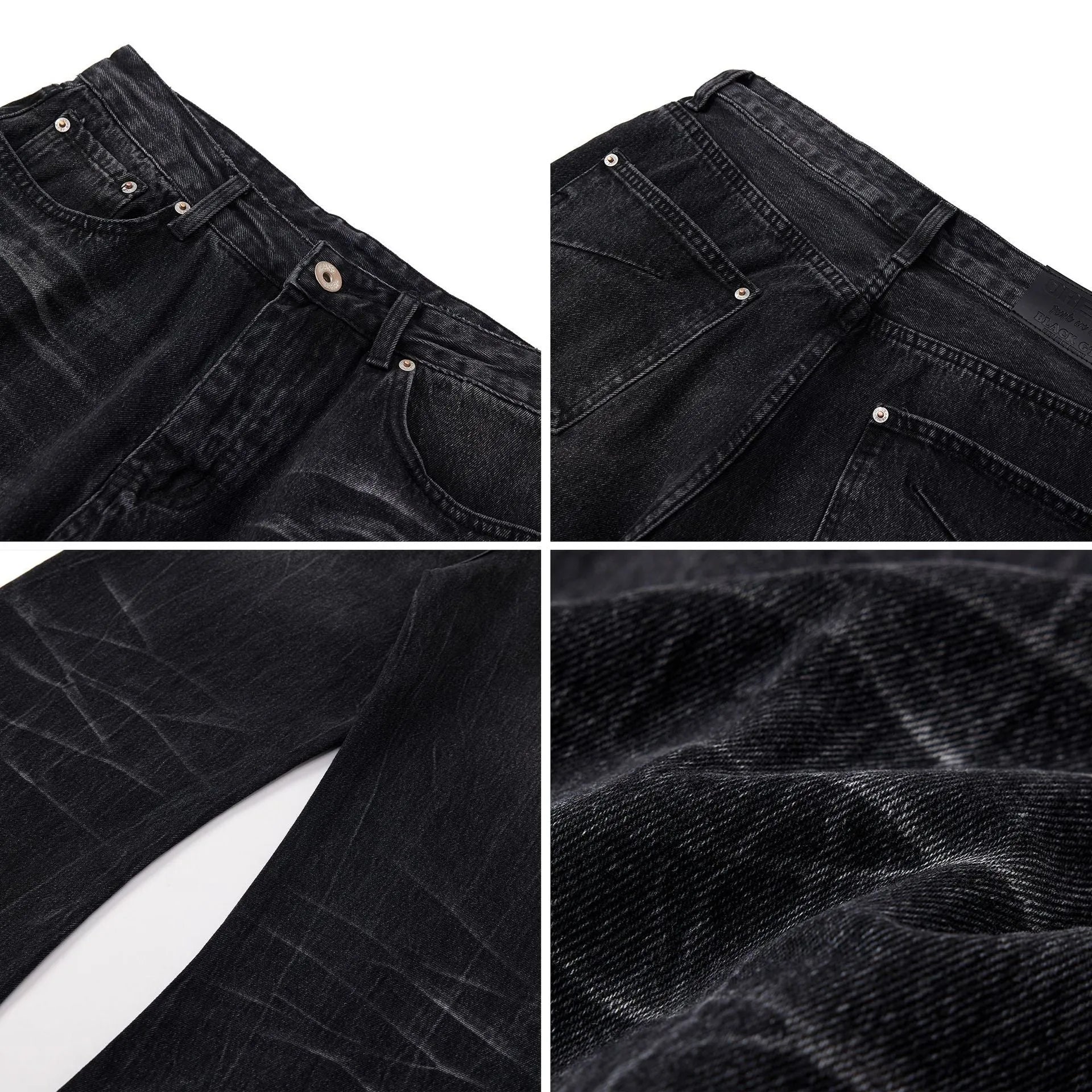 Black straight-leg men's jeans with American washed lightning crack texture detail