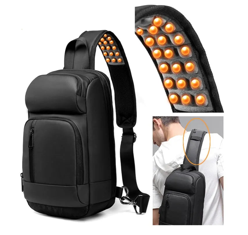 Black medium-sized PVC outdoor shoulder bag with an air cushion strap and internal organiser pockets.