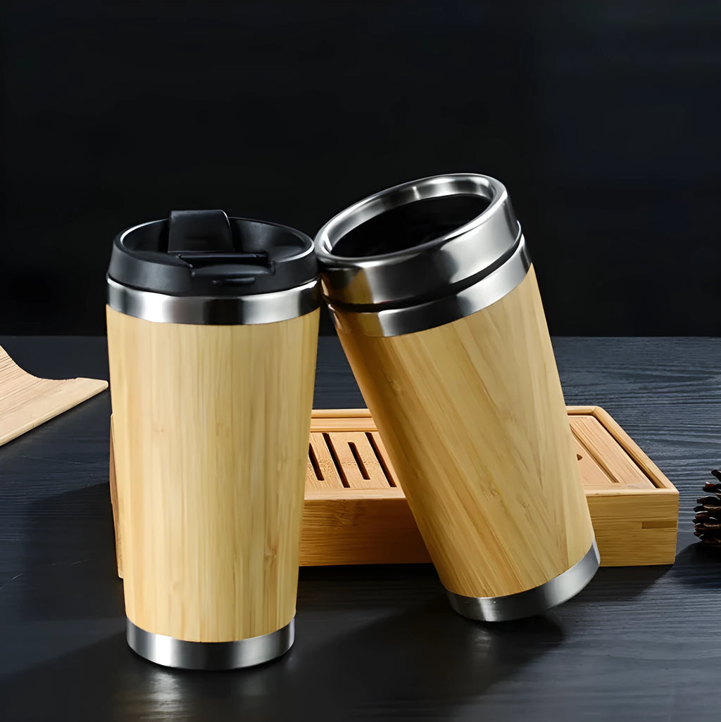 Bamboo coffee cup with stainless steel double wall insulation, 420ml capacity, leak-proof lid and foam pad