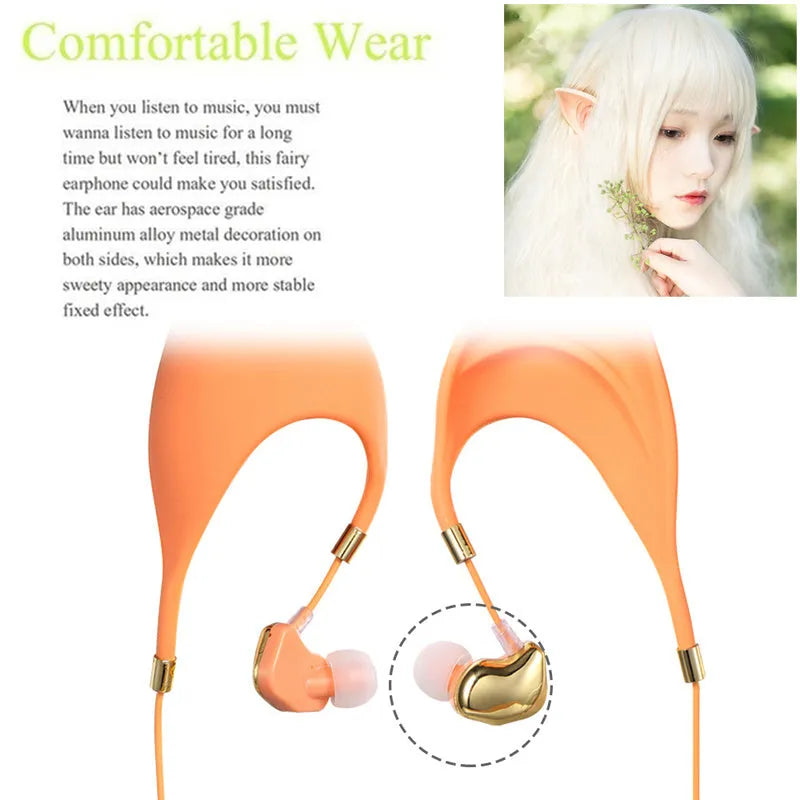 Cartoon elf ear headphones with 3.5mm plug and microphone in black, white and yellow colours