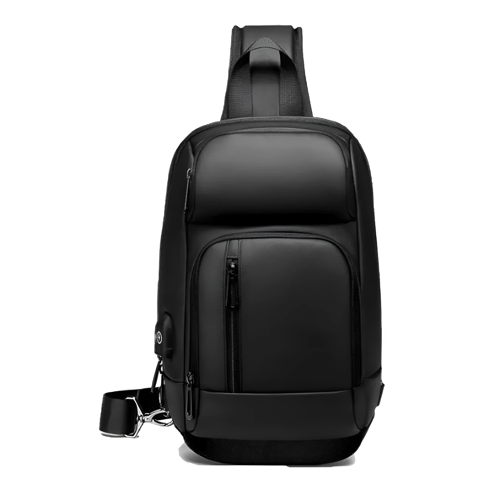 Black medium-sized PVC outdoor shoulder bag with an air cushion strap and internal organiser pockets.