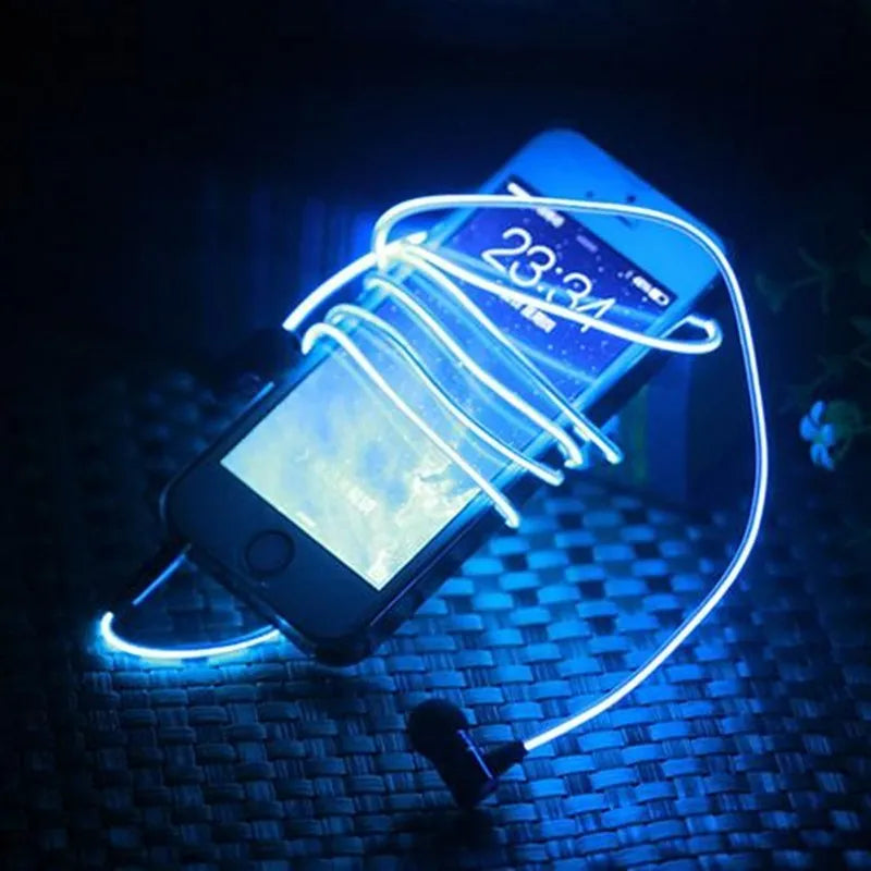 Blue LED light-up earphones with aluminium alloy shells showing rhythm-sync lighting patterns