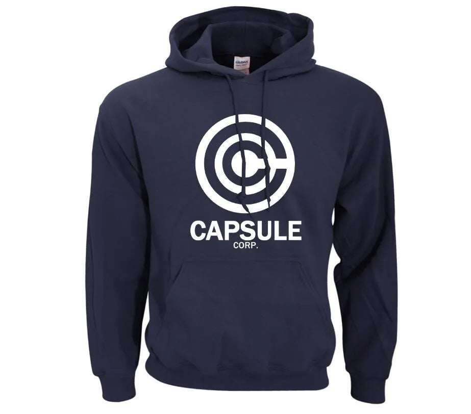 Capsule Corp men's hip hop hoodie with print pattern, turn-down collar, and hood in black white colourway