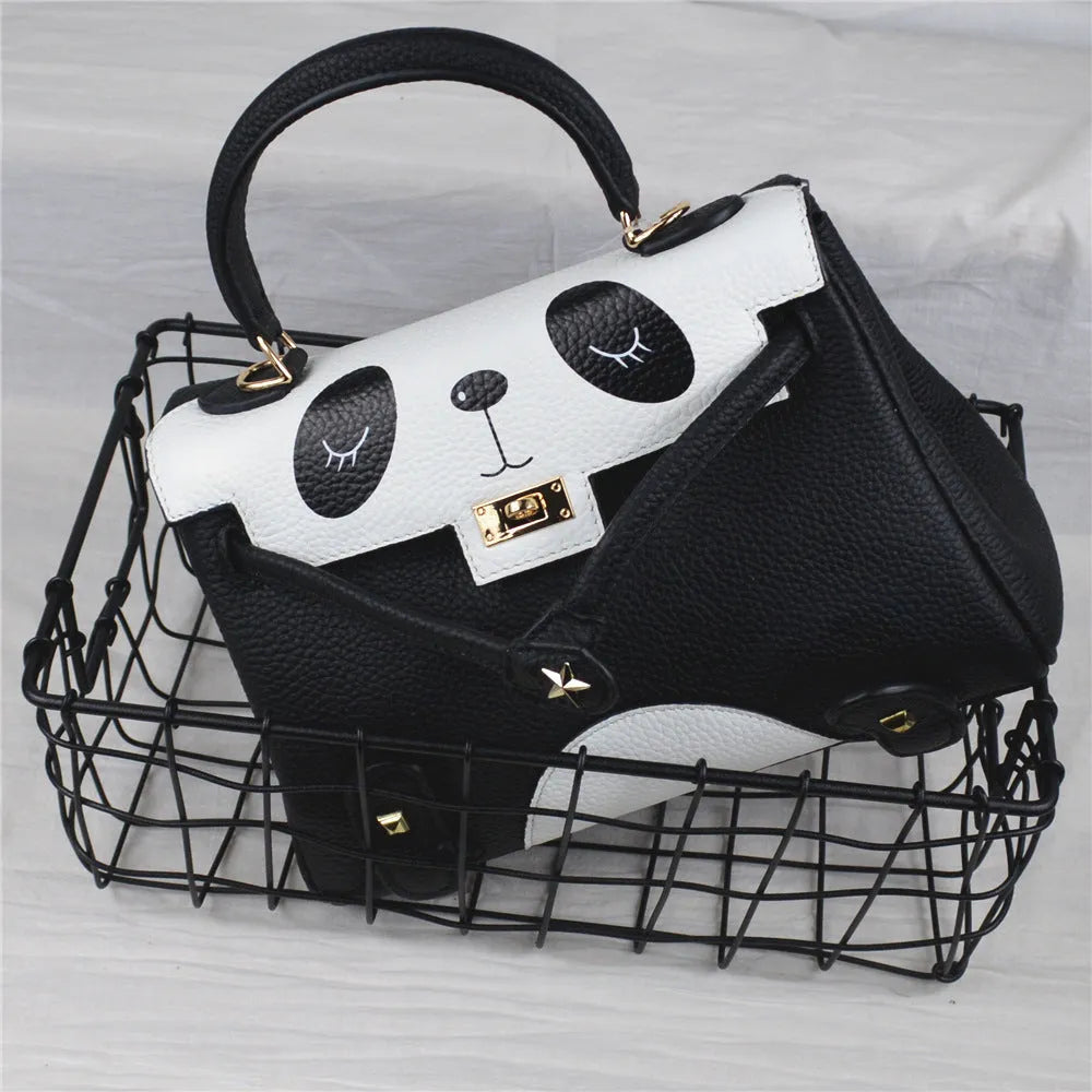 Cow leather panda print handbag in horizontal square shape, shown in two size options.