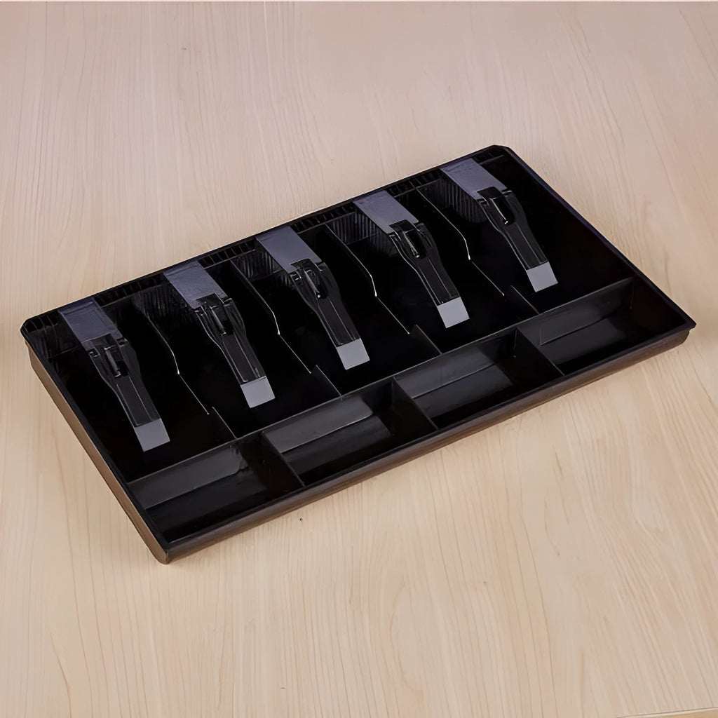 Five-drawer ABS plastic cash register box in black showing banknote and coin compartments