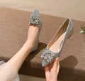 Silver French style mid heel pumps with square buckle, pointed toe, and short stout heel on a clean background