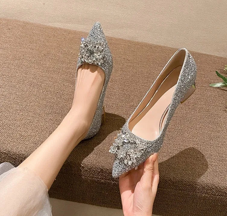 Silver French style mid heel pumps with square buckle, pointed toe, and short stout heel on a clean background