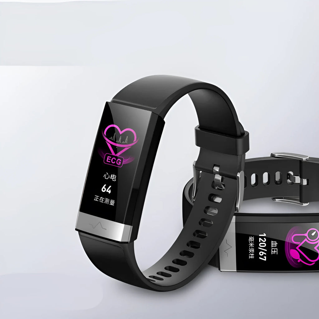 V19 smart health bracelet with colour display showing ECG, heart rate and SpO₂ readings