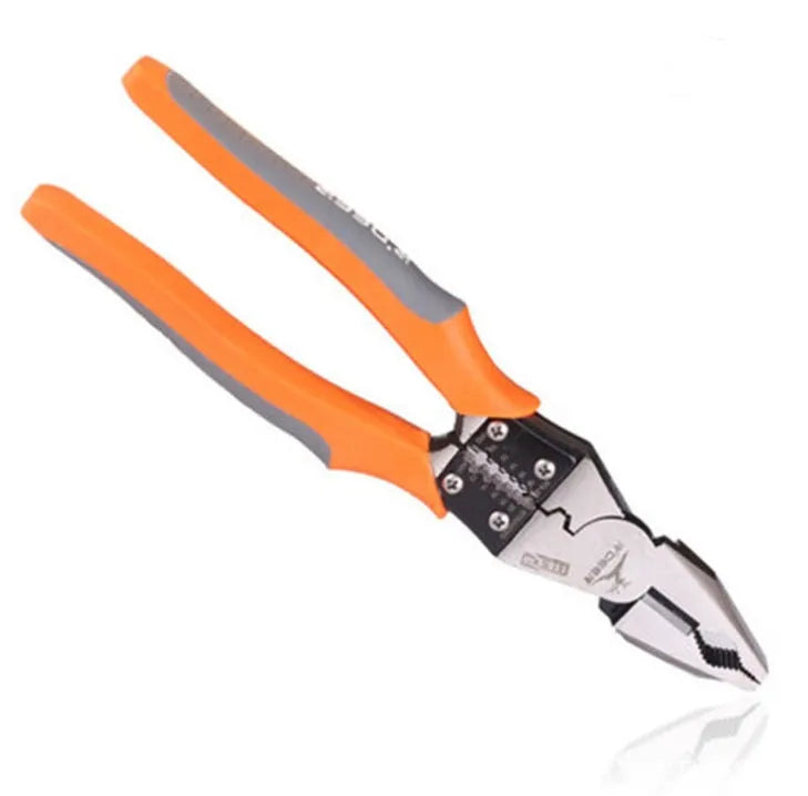 Orange-handled multi-function wire cutter pliers with chrome steel clamp head on a work surface