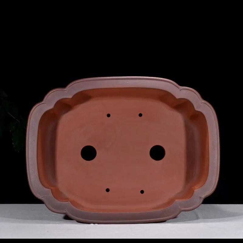 Antique Chinese style purple clay rectangular flowerpot with tree stump and floral relief pattern, 71cm long