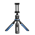 Black aluminium alloy and plastic desktop tripod stand holding a mobile phone.