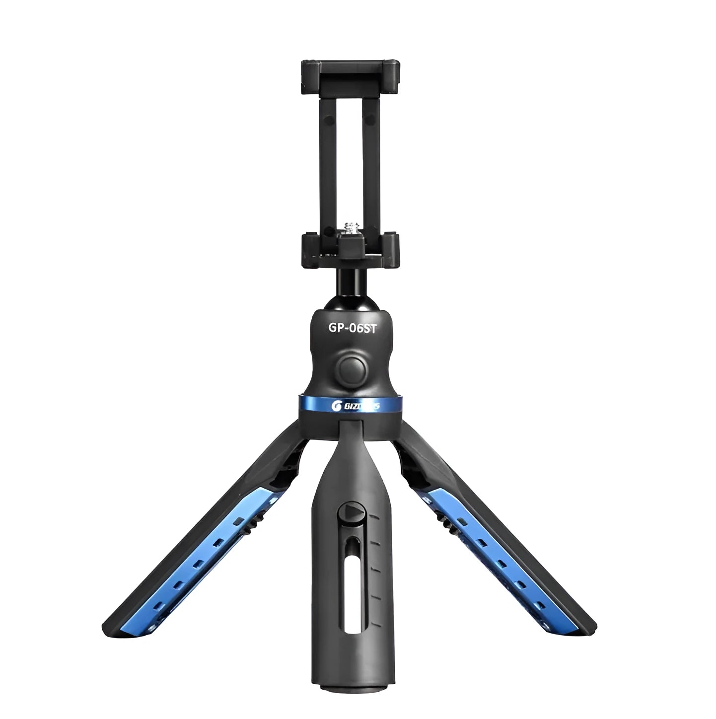 Black aluminium alloy and plastic desktop tripod stand holding a mobile phone.